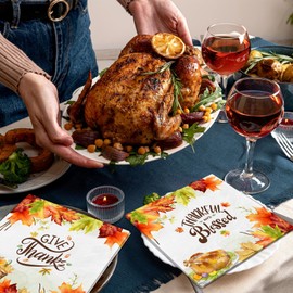 40Pcs Thanksgiving Napkins, Give Thanks Disposable Dinner Napkins Thankful Blessed Fall Paper Napkins, Pumpkin Leaves Thanksgiving Napkins for Autumn Harvest Thanksgiving Party Supplies