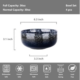 S&Q'S CERAMICS Bowl Set of 4, 36 Ounce Kitchen Bowls for Soup, Large Cereal, Breakfast, Oatmeal, Microwave and Dishwasher Safe, [Set of 4], (Navy Blue)