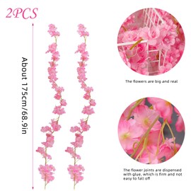 Artificial Cherry Blossom Garland, Pack of 2 1.8 m Flower Garland, Hanging Vine Silk Flowers Decor, 135 Flower Heads, Artificial Flowers, Hanging for Wedding, Party, Home, Garden, Arch Wall (Dark
