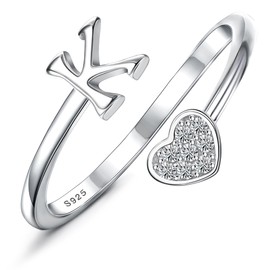 MILACOLATO 925 Sterling Silver Rings for Women 18K White Gold Plated Heart Initial K Rings Adjustable Capital Letter Name Rings Non Tarnish Stackable Thumb Pinky Ring for Mothers Daughter Birthday Bridesmaid Gifts Jewelry