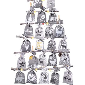 Advent Calendar for Filling Large (12 x 21 cm), 24 Fabric Bags Chain for DIY Crafts and Hanging 2022 Christmas Calendar to Fill Yourself with Pink Grey Fabric Bags for Children, Young Men, Girls