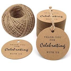Thank You for Celebrating with Us,Original Design Paper Gift Tag, 100 PCS Kraft Tags with 100 Feet String for Wedding, Baby Shower, Party Favor (Brown)