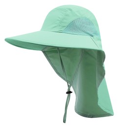 Clakllie Mesh Fishing Hat with Wide Brim Quick Dry Safari Hat with Neck Flap Unisex Bucket Hat UV Protection Hat Breathable Boonie Hats, XT02-Beach Green