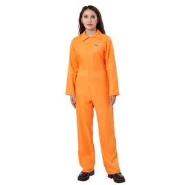 Felcia Carnival Prison Costumes Letter Print Long Sleeve Prison Jumpsuit for Adults Toddlers Carnival Cosplay Outfits, Women Orange, S