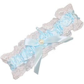 Wedding Garter Gift Boxed for Bride Blue Satin with White Lace and Pearl Bead Keepsake