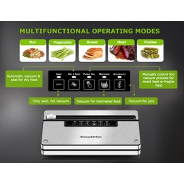 Bonsenkitchen Vacuum Sealer Machine, Stainless Steel Food Sealer Vacuum Sealers with 1 Roll & 5 Bags, 5 Food Vacuum Modes, Built-in Cutter & Bag Storage (Silver Black)