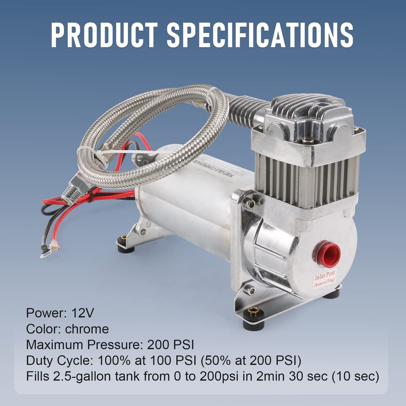 DICMIC 12V 444C 200 PSI Chrome Air Compressor for Auto/Motorcycle