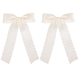 5.5in Long Tail Hair Bows off-White Big Silky Satin Ruffle Tassel Ribbon Bow Hair Clip Barrettes for Women Teens Toddler Flower Girls Thick Thin Hair,Bridal Wedding Dress Accessory