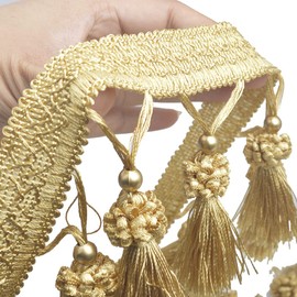 Kuasting Fringe Tassel Lace Trim 12.5 Yards Braided Hanging Beads Handwork DIY Craft Sewing Accessory Lace for Home Curtain Table Decoration (Golden)