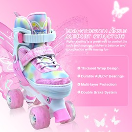 SMOOJOY Kids Roller Skates for Girls-Outdoor 4 Size Adjustable Butterfly Quad Rollerskates for Indoor Ages 3-12 Years Beginners Children's Birthday Gift with Light Up Wheels patines para niñas Indoor