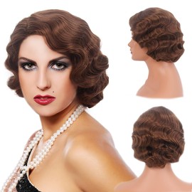 Reewes Short 1920s Wig Finger Wave Wig Curly Short Wig Vintage Wigs for Women Ladies Synthetic Full Wigs Cosplay Costume Fancy Dress Flapper Wig Ash Brown