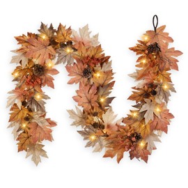 6 FT Fall Garland with Lights Timer Function Fall Leaves Garland with Berries Pine Cones Realistic Autumn Automatic ON/Off Timer Fall Decorations for Home Mantle Fireplace Porch Table
