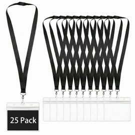 25-Pack Black Breakaway Lanyards with Large Horizontal Waterproof Badge Holders, Polyester Neck Straps for ID Cards, Events, Office, and Schools