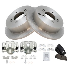 TRQ Rear Brake Pad & Rotor Kit Brake Caliper Brake Pads Brake Rotor Ceramic Solid Compatible with 2009 Hyundai Tucson 2005-2010 Kia Sportage