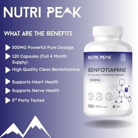 Max Strength Benfotiamine | 500MG | 120 Capsules | 4 Month Supply | Thiamine Supplement| Heart & Kidney Support | Antioxidant | Vitamin B1 | Non GMO & Gluten Free | Vegan