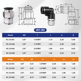 CNZG PNEU 3/8" Tube OD to 1/8" NPT Thread Push to Connect Fittings,Pneumatic Quick Air Hose Fittings,Male Straight + Elbow,PC+PL(12pcs) (12, Black PC+PL, 3/8"OD x 1/8"NPT)