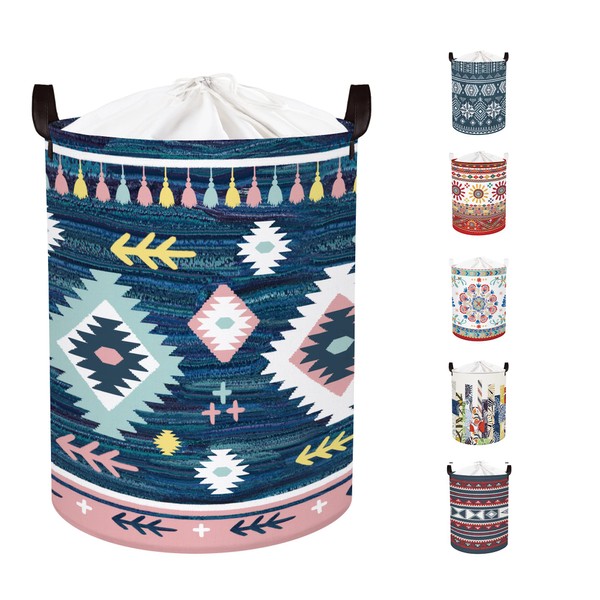 Clastyle 45L Boho Abstract Sea Blue Laundry Hamper Geometric Round Collapsible Laundry Baskets for Bedroom