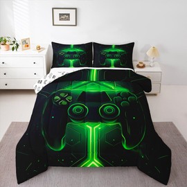 Feelyou Kids Gaming Bedding Set Full Size Gamer Comforter Set for Boys Girls Kids Teens Soft Microfiber Modern Buttons 3D Video Game Bedding Reversible Green Controller Pattern Design Quilt Set