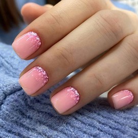 Square Press on Nails Short Fake Nails Gradient Pink False Nails with Pink Glitters Design Cute Full Cover Light Pink Acrylic Nails Glossy Stick on Nails for Women and Girls Manicure Decorations