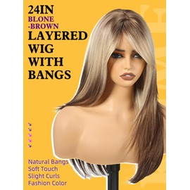 KOME Ombre Blone-Brown Long Layered Wig with Curtain Bangs,Straight Hair Colored Wigs for Women,Synthetic Heat Resistant Natural Looking Hair Wig for Party Cosplay Dality Use 24IN