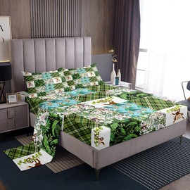 Cute Monkey Kids Sheet Queen Size,Palm Leaves Tropical Plants Bedding Set,Boys Girls Women Room Decor,Cartoon Animal Geometric Plaids Green Rustic Bed Sheet Set 4pcs(Fitted + Flat + 2 Pillowcases)