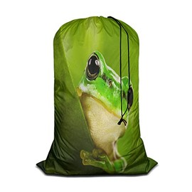 Swono Green Frog Laundry Bag Large Heavy Duty Laundry Backpack with Adjustable Drawstring Closure Frog Peeking Out From Behind The Leaves Laundry Hamper for Traveling Dirty Clothes Organizer