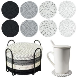 Coasters for Drinks with Holder, Vintage Woven Coasters for Table Protection, Water Absorbent Coaster Set, Handmade Braided Fabric Coasters Heat-Resistant, Set of 8