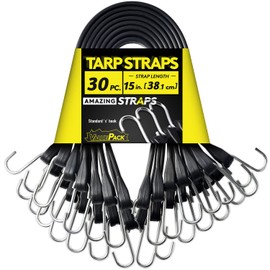 Rubber Bungee Cords with Standard S Hooks Heavy-Duty Black Tie Down Straps Ideal for Outdoor, Tarp Covers, Canvas Canopies, Motorcycle, and Cargo by Amazing Straps (30, 15 Inch), ASB0003
