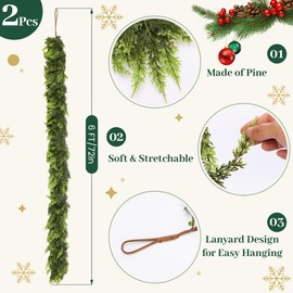 2 Pack 6ft Real Touch Christmas Cedar Garland – Faux Evergreen Mantle Garland for Fireplace, Table, Stair Railings, Front Door & Porch | Holiday Greenery Decorations
