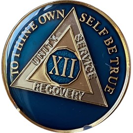 12 Year AA Medallion Metallic Midnight Blue Tri-Plate Sobriety Chip Serenity Prayer Back XII