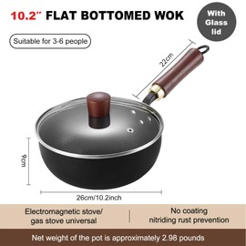 UMETRE Carbon Steel Wok Pan, 10.2" Woks & Stir-Fry Pans with Glass Lid Cookwares, Nonstick Wok Flat Bottom Small Handmade Chinese Wok For for All Stoves