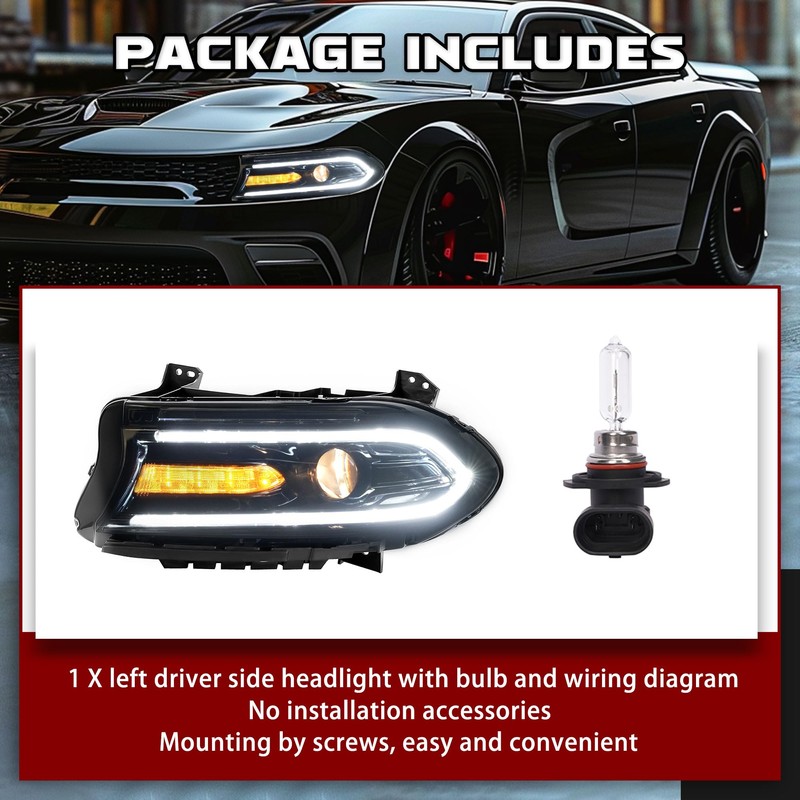 HECASA Left Headlight Assembly with Bulb&LED Compatible with 2015-2023 Dodge