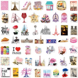 Pack of 50 Paris Stickers Car Laptop Phone Guitar Skateboard Motorcycle Bicycle Eiffel Tower France Stickers Set Vinyl Waterproof Aesthetic Stickers for Teenagers Children Adults