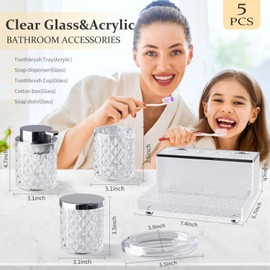 Glass Bathroom Accessories Set 5Pcs Crystal - Foaming Soap Dispenser, Soap Dish, Cup, Acrylic Toothbrush Holder with Tray Organizer, Qtip Jar, Bathroom Counter Set Sink Decor (Clear)