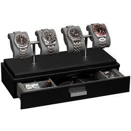 ROTHWELL Luxury Watch Display Case for 4 Watches – Leather Watch Box with Acrylic Cover and Removable Slide in Cushions – Accessory Drawer with Multiple Configurations (Black/Grey)