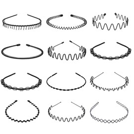 12 Pack Metal Hair Hoop, Non-Slip Black Spring Unisex Wavy Headwear Hairband Accessories, Metal Head Hoop Black Wave-shaped Hair Band for Sport Unisex Headband