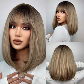EMMOR Blonde Bob Wigs for Women Shoulder Length Synthetic Wig with Fringe Bangs High Heat Resistant Wig(Ombre Blonde)