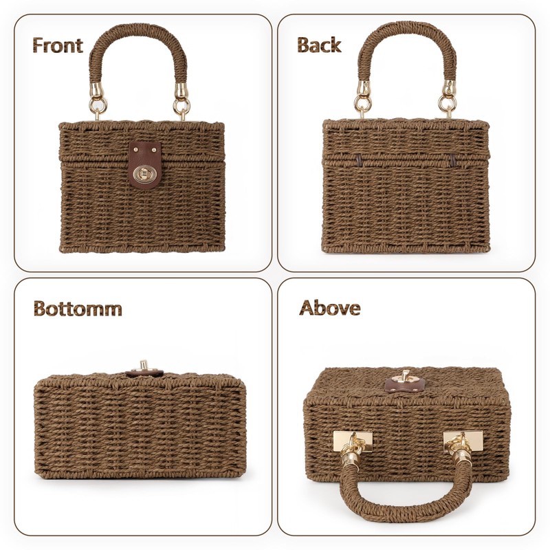 Fecialy Women Handwoven Rattan Handbag Beach Straw Tote Bag Square