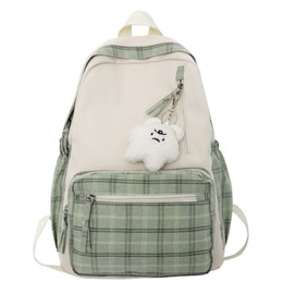 Cute Plaid Backpack with Plush Pendant Lightweight Large Capacity Student Book Bag School Bag Casual Daypack for Outdoor Travel Camping Picnic
