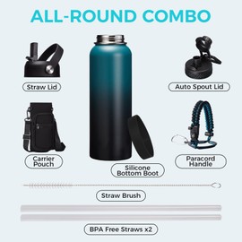 32/40/64OZ Insulated Water Bottle - Keep Cold 48H Hot 24H, Combo Straw/Spout Lids, Paracord Handle for Gym/Hiking, Carrier Bag +Strap, Cup Mat, BPA-Free Stainless Steel Flask Jug
