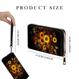 JHYYTUJTYP Zip Around Wallets for Women with Detachable Wrist Strap, Large Capacity RFID Blocking Leather Purse Organizer Card Holder Wristlet,Sunflower and Butterflies