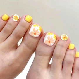 Daisy Flower False Toenails Glossy Yellow Press on Toenails Short Square Toe Nails Reusable Full Cover Toe Nails for Women