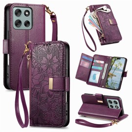 for Moto G 2026/2025 Case,Moto G Play 2026 Wallet Case,PU Leather Flip Cover with Card Slots Kickstand Zipper Coin Pocket,Floral Embossed PU Leather Protective Cover Purse Women Girls Deep Purple