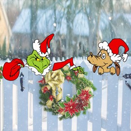 Christmas Decorations Outdoor Fence Peeker - Funny Christmas Fence Yard Signs with Thief Stole Head Arm Bag and Dog for Holiday Xmas Garden Courtyard Wall Decorations (Green)