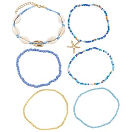 LEEQ Boho Style Anklet with Shells Starfish Gold - Ankle Bracelets, Layered and Interwoven, Weaved, Shells, Gold, Beads, Beach Foot Jewellery for Women Girls (6 Pieces), Metal