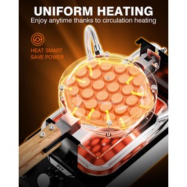 PYY Bubble Waffle Maker – 1500W Commercial Egg Puff Waffle Iron, 180° Rotating, Non-Stick Coating, Wooden Handle & Crumb Tray, Hong Kong Round Cones, Stainless Steel