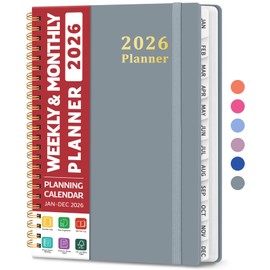 2026 Planner, Weekly and Monthly Planner, January 2026 - December 2026, Hardcover 2026 Calendar Planner Book with Tabs For Women & Men, Inner Pocket, Spiral Bound, Perfect for Office Home School Supplies - A5 (6.3" x 8.5"), Stone Gray