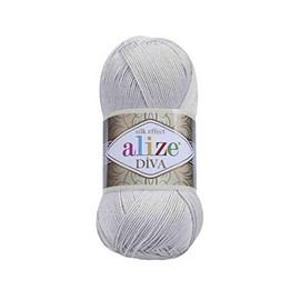 Alize Diva Silk Yarn Microfiber Acrylic Sport Weight Yarn Lightweight & Soft Yarn for Crocheting & Knitting Scarves, Clothes & Crafts 1 Skein 100g, 383 Yards, Fingering Weight 14 WPI 168 Light Grey