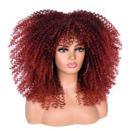 ISAMY Parrucca lunga e riccia per donne di colore, con frangia, in fibra sintetica, senza colla, capelli lunghi afro crespi ricci (T1B/39A)