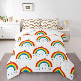 Rainbow Comforter Set for Kids Boys Girls Multicolor Comforter Cartoon Birds Bedding Set Decor Colorful Rainbow Print Duvet Set Full Size Quilt 3Pcs Boys